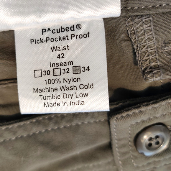 Clothing Arts Mens P^Cubed Pickpocket Proof Travel Pants 42x31 Olive Adjustable - Picture 9 of 11